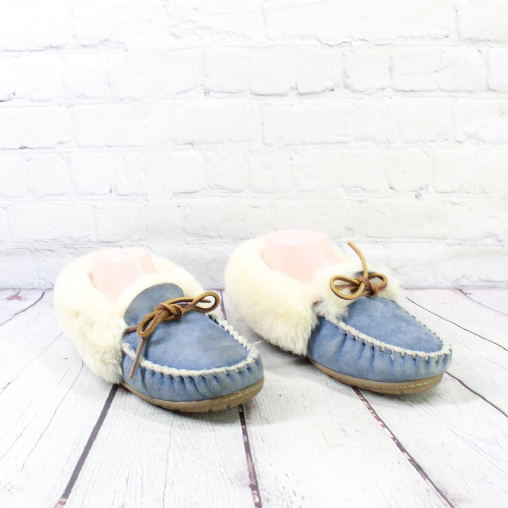 LL BEAN Women's Blue Shearling Lined Wicked Good Moccasin Slippers Size 7 M - Picture 3 of 10